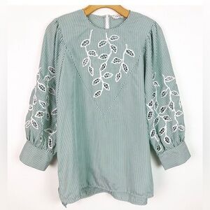 Sandro Paris Cotton Green & White Top with Embrodery & Puff Sleeves, Size Large